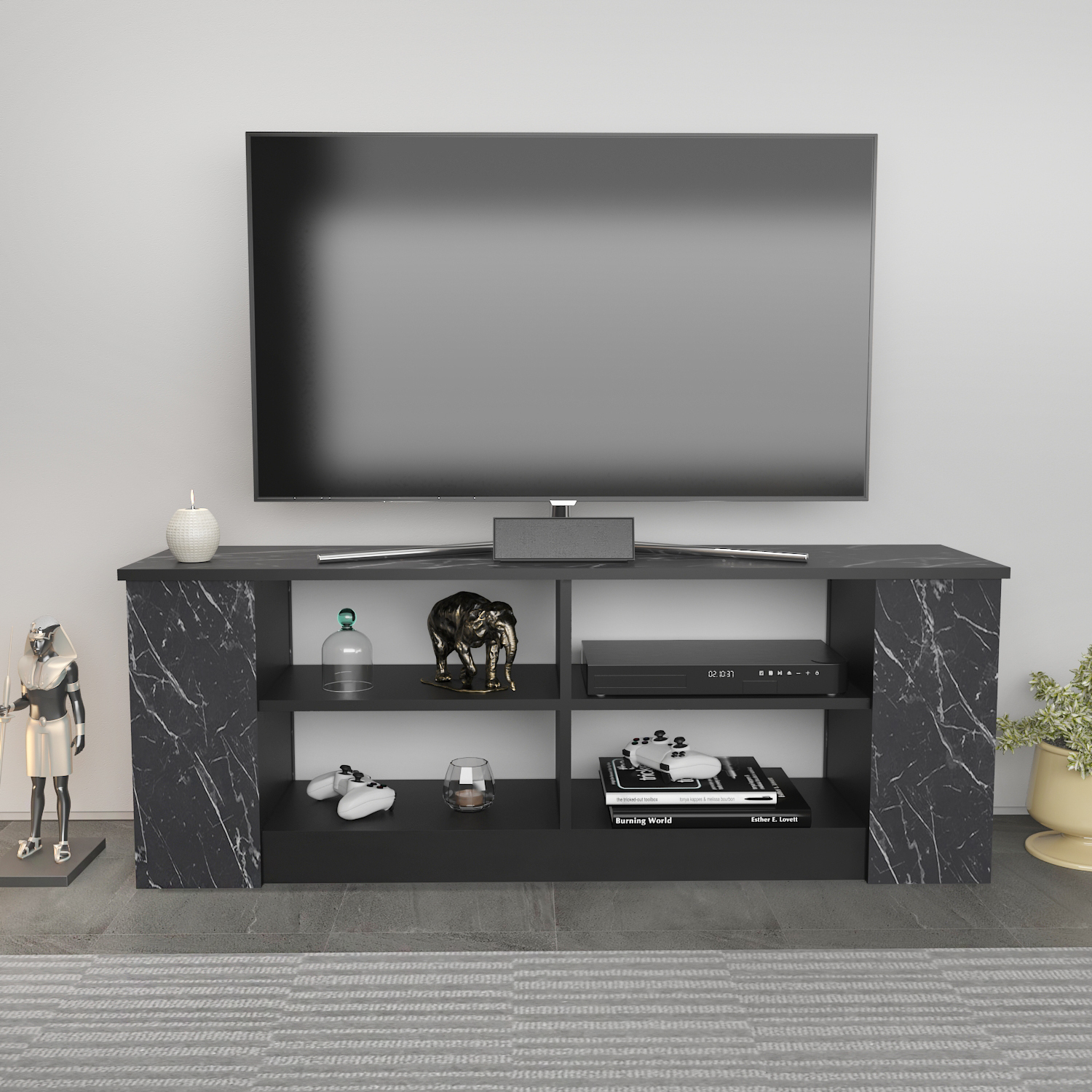 Space Modern TV Unit TV Stand for TVs up to 55" - Black&Black Marble Effect / 35cm