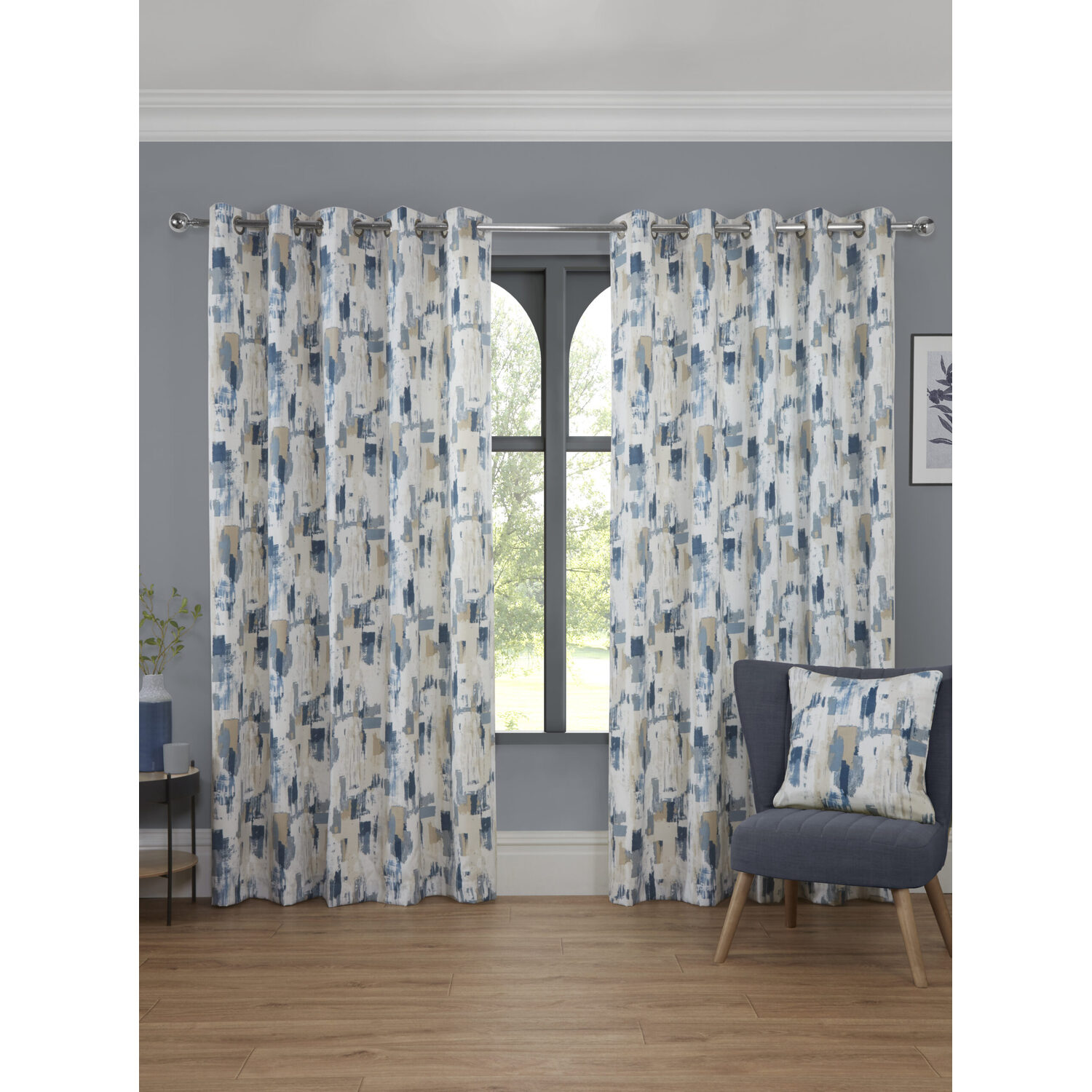 Sundour Bamford Fully Lined Abstract Eyelet Curtains - Polycotton Putty, 117cm x 183cm (Pair) - Cobalt / 183.0cm / 168.0cm