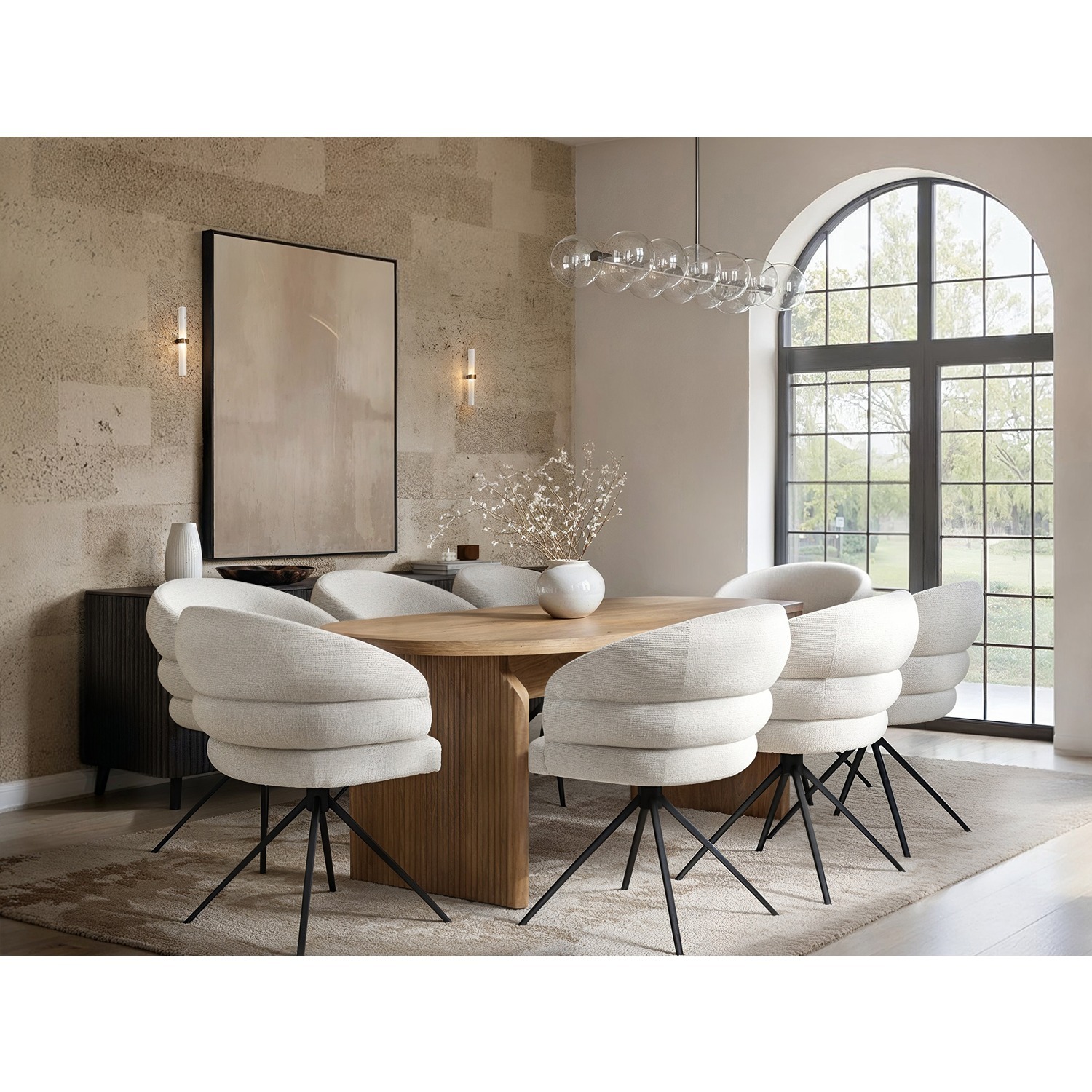 Solace+Co Varm Wooden Ribbed Dining Table With 8 Eira Chairs Set - Brown + Cream
