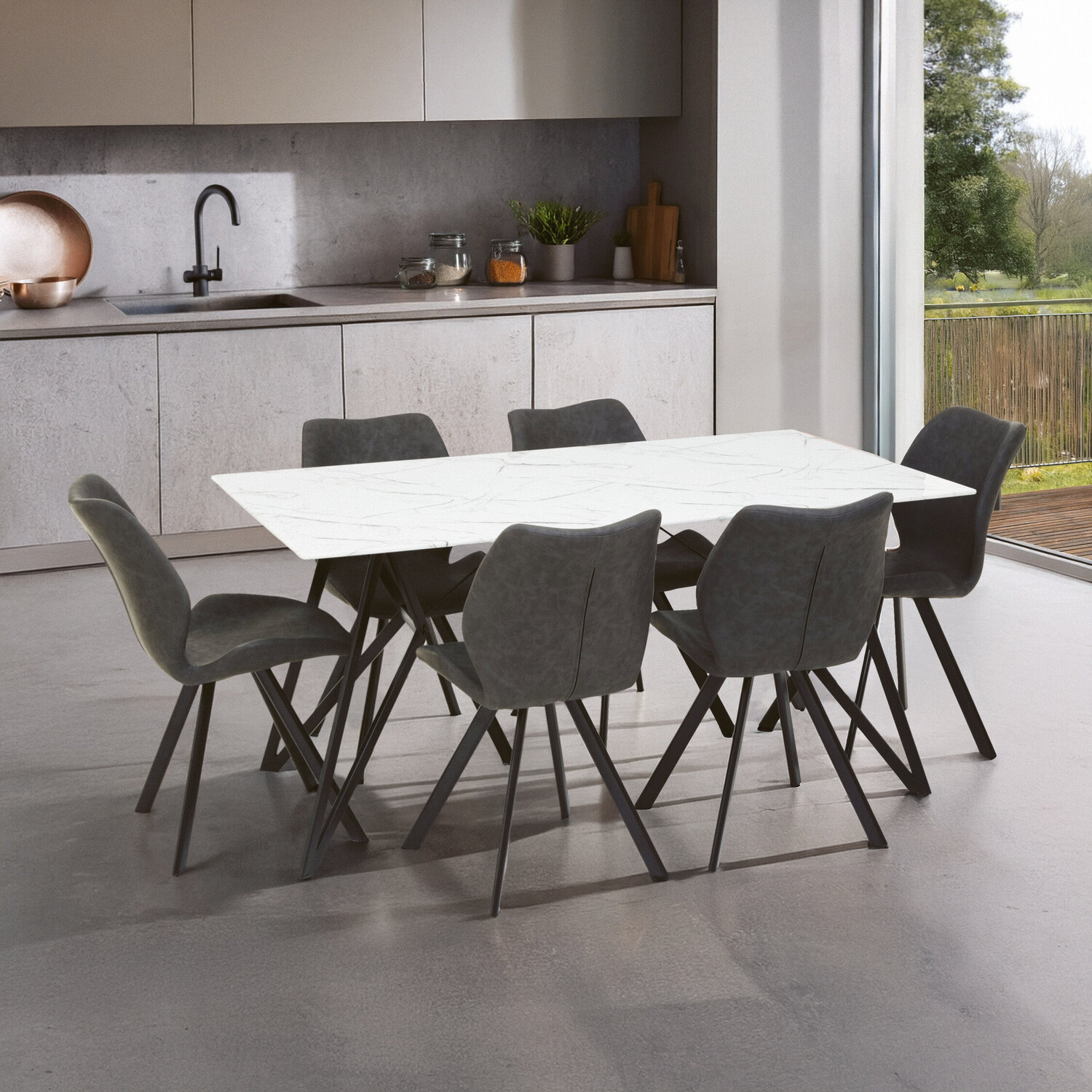 Interiors By Premier Weston Marble Effect Dining Table With 6 Chairs Set - White, Grey