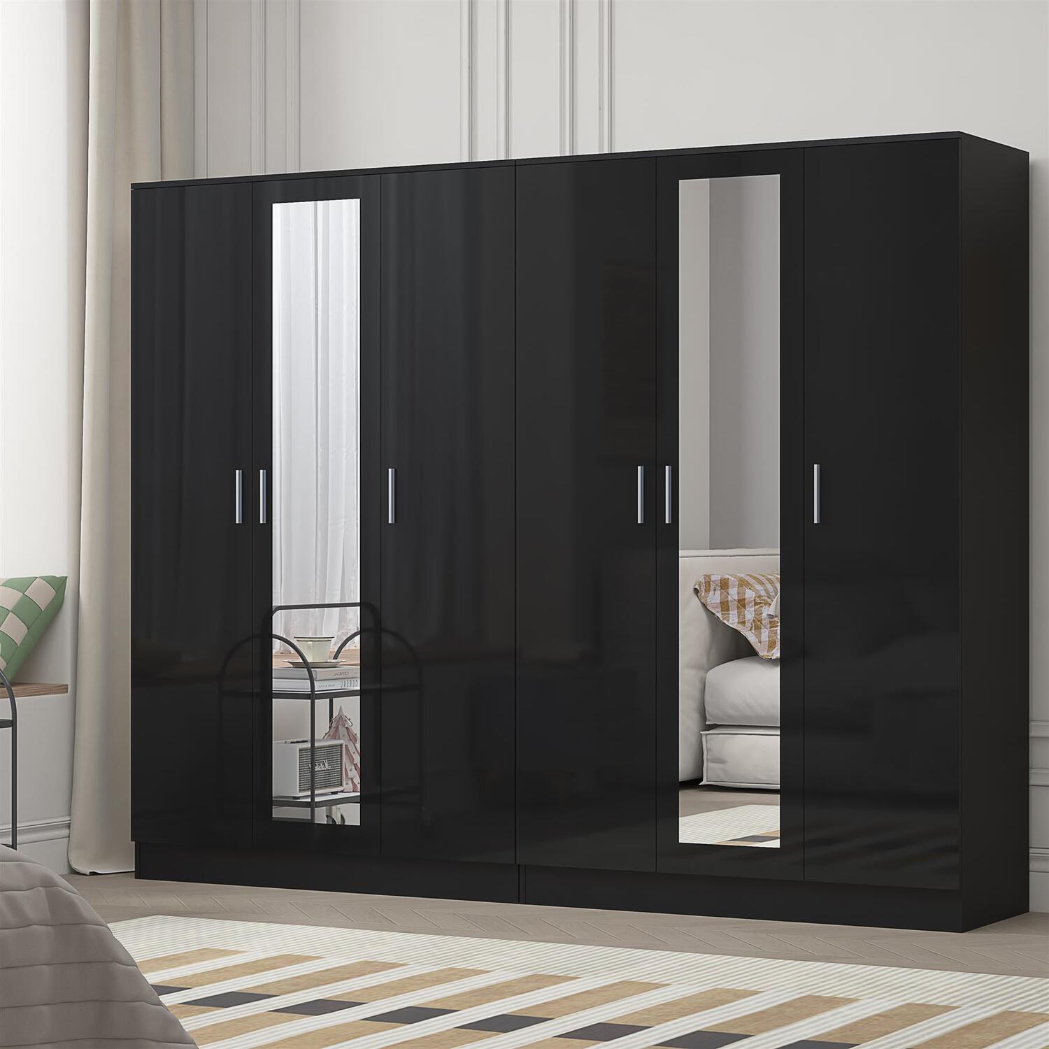 Reflect Gloss Wardrobe Bundle - 3Dr Mirror + 3 Door Mirror - Black / Black - Black Gloss / Matt Black
