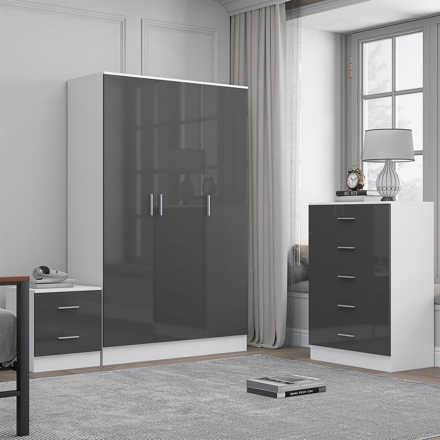 REFLECT 3dr Plain + Chest of Drawers + Bedside - Grey/White - Image 6