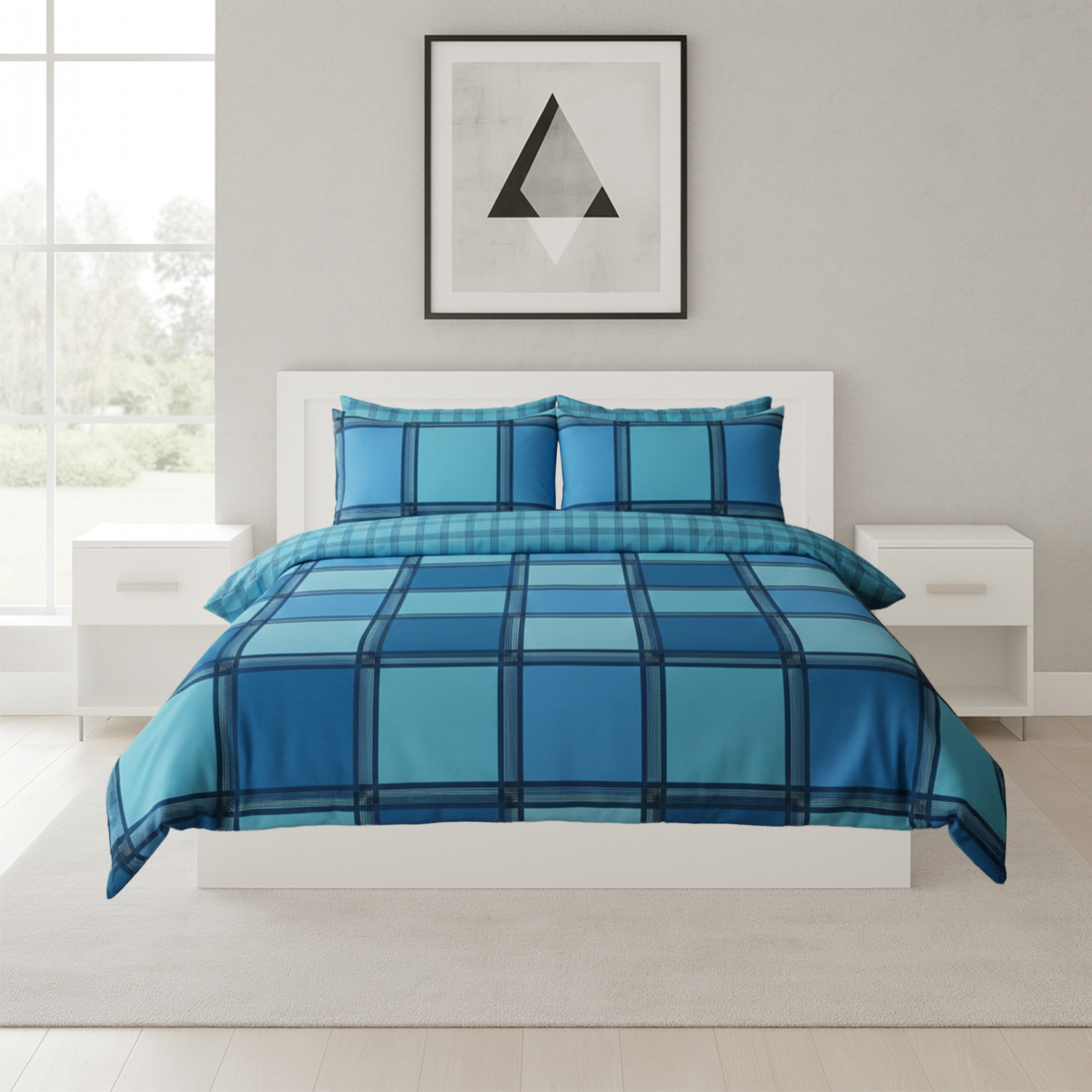 Snug City Box Print Duvet Cover Set Contemporary Square Pattern Bedding in Teal | Size: Super King