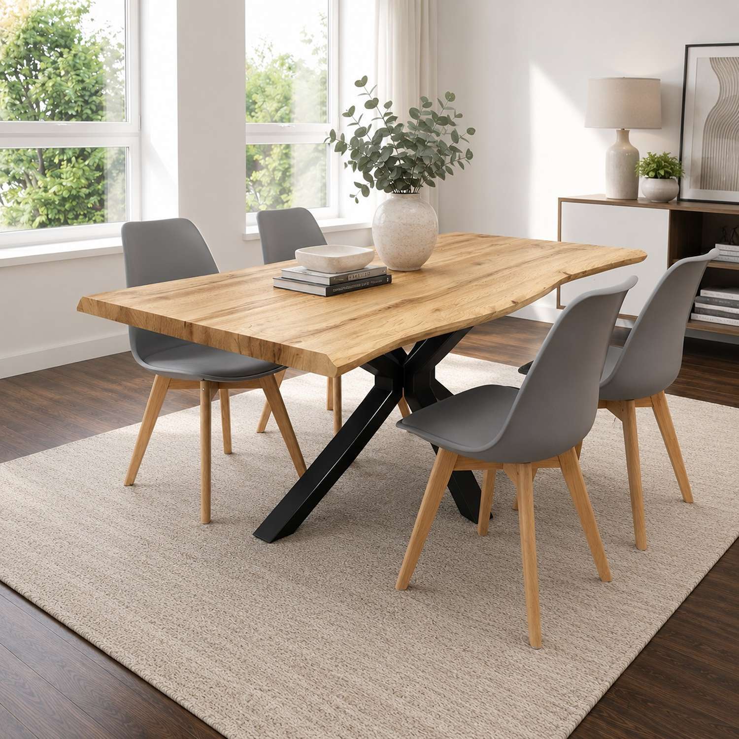 Kosy Koala Modern Dining Table With 4 Grey Plastic Chairs With Faux Leather Padded Seats - Brown