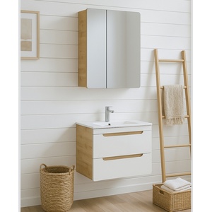 600mm Bathroom Sink Unit with Drawers and 2-Door Mirror Cabinet in White Gloss and Oak Effect
