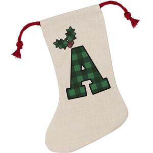 Green Tartan Alphabet Letter A Stocking - Novelty Xmas Gift - Linen-Style With Red Drawstring Ties