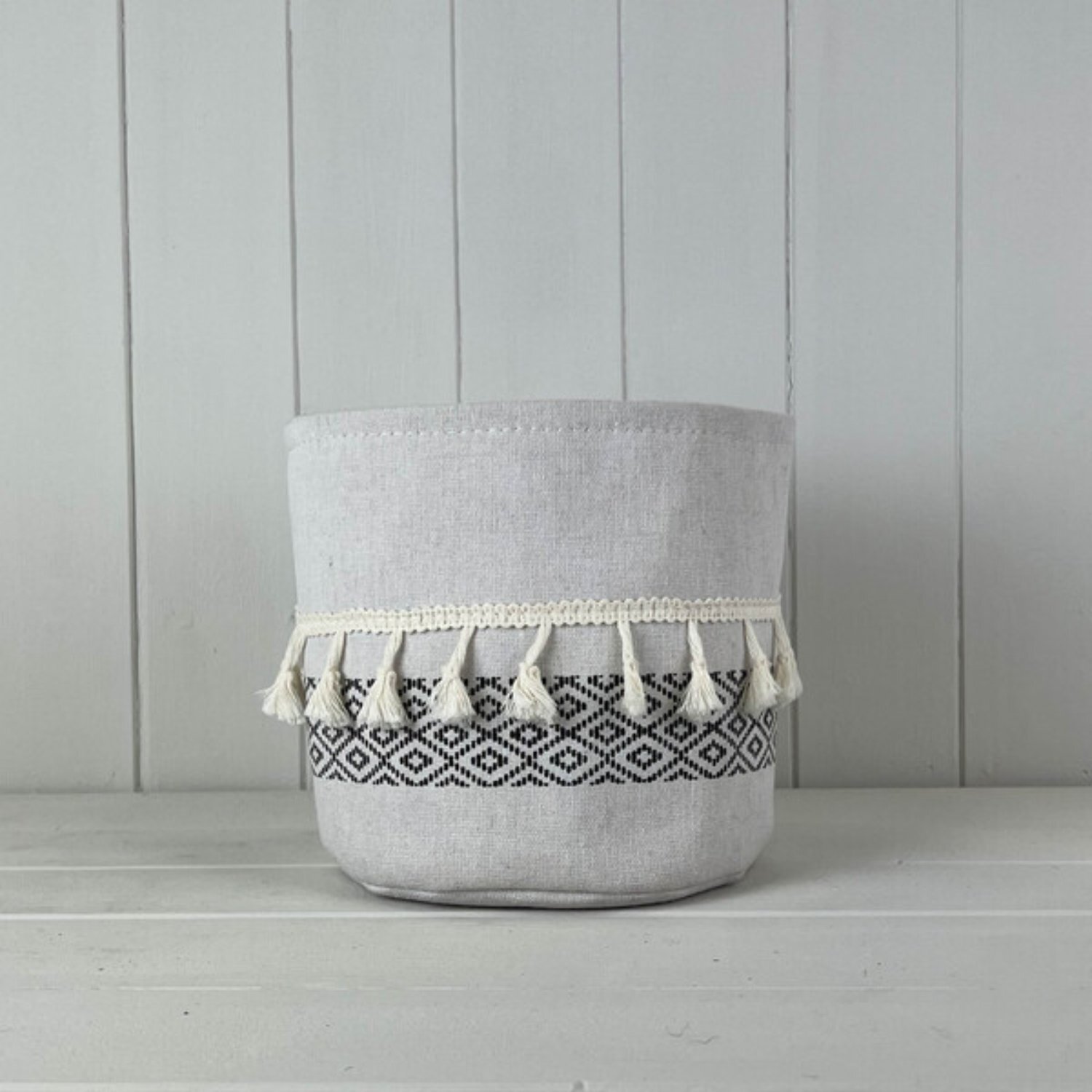 Large Cylinder White and Black Cotton Planter with Tassels - White