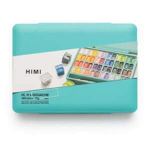 HIMI Twin Cup Gouache Set 48 Paint Colours, 3 Brushes, Paint Pallete, Green Case