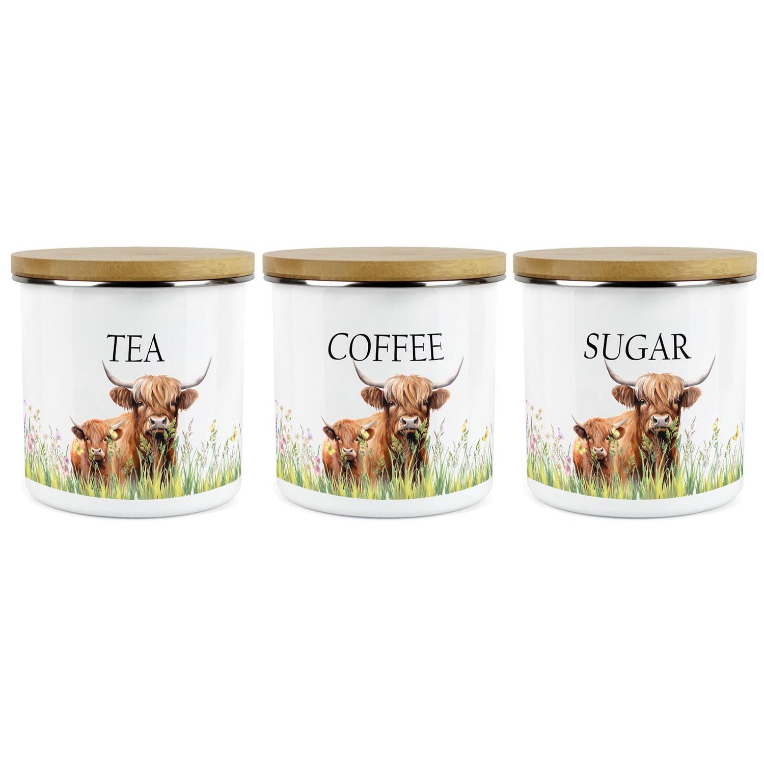 Purely Home Highland Cow Tea Coffee Sugar Canister Set Enamel - Image 3