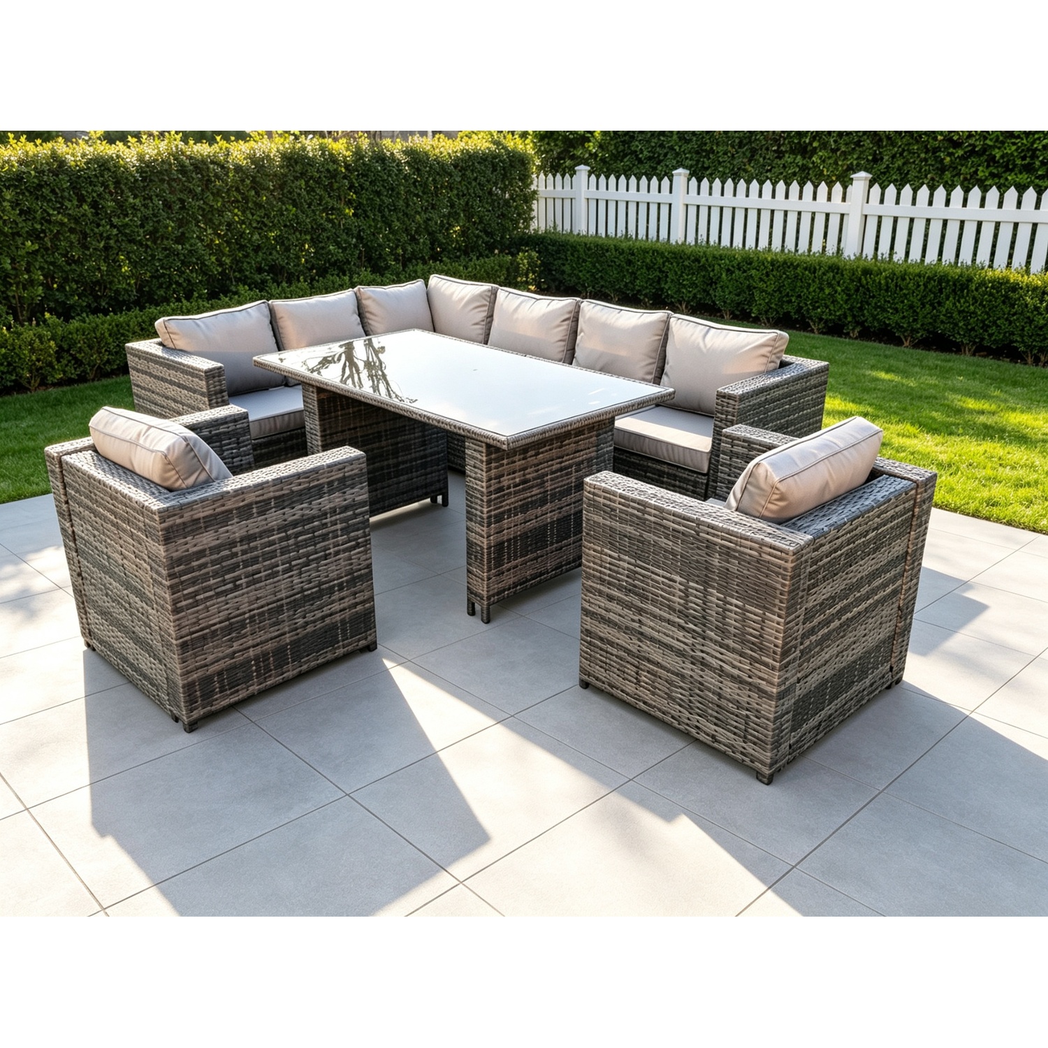 Fimous Unisex Dark Grey Outdoor Lounge Rattan Corner Sofa Set Garden Furniture Rectangular Dining Table Chair Size 2 - Image 2