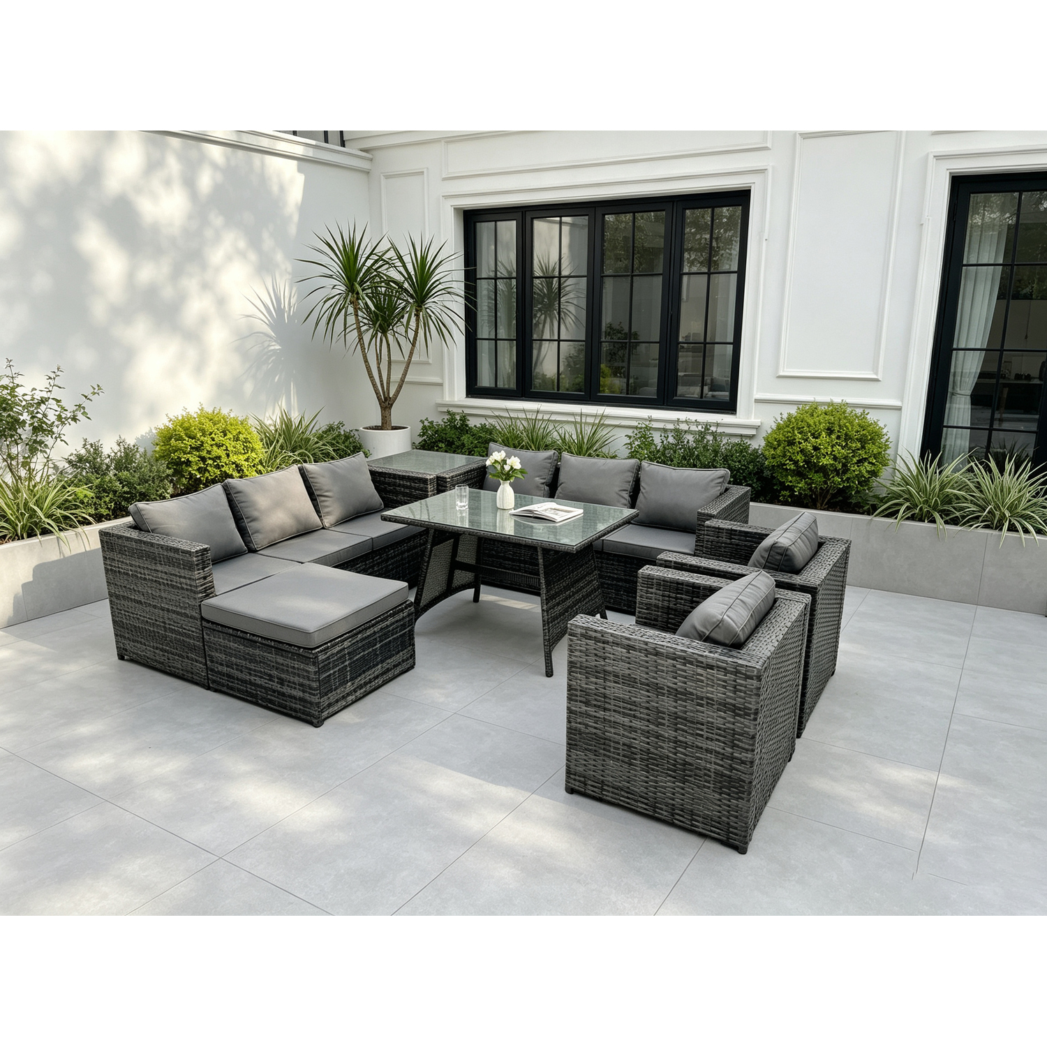 Fimous Unisex Dark Grey Seater Wicker Rattan Outdoor Furniture Lounge Sofa Garden Dining Set With Dining Table 2 Armchairs In Size 9 - Image 2