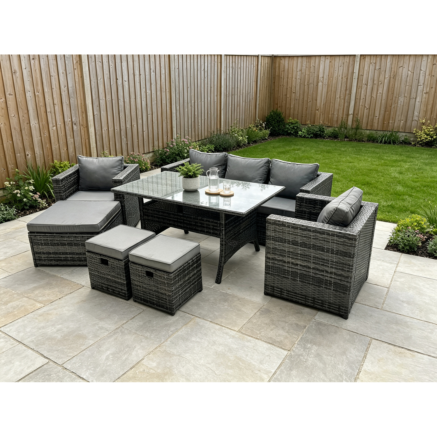 Rackhams Dark/Grey Outdoor Garden Furniture Set Patio Rattan Rectangular Dining Table Lounge Sofa Chair With Big Footstool 2 Small Stools Mixed - Image 2