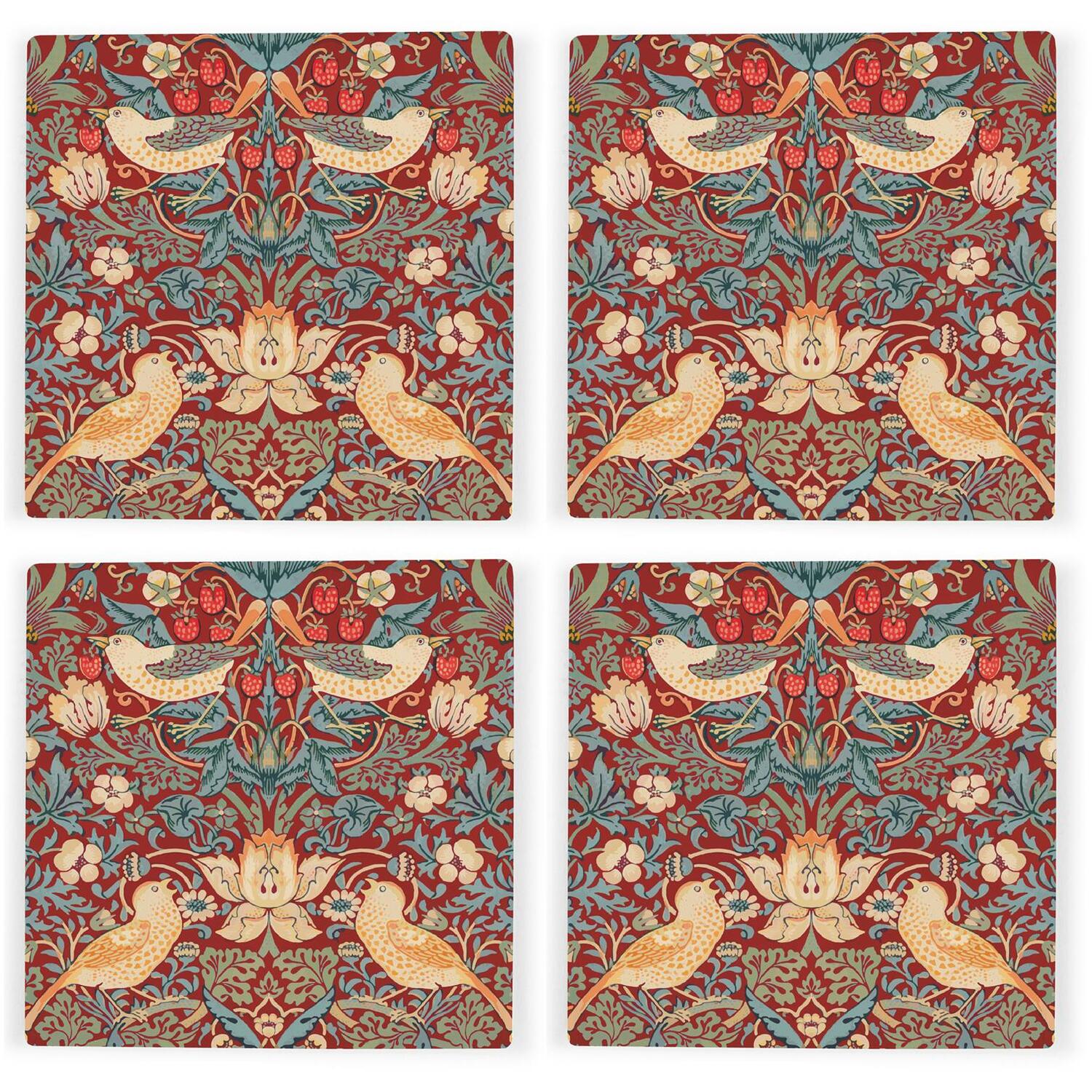 Red Strawberry Thief Ceramic Coaster Set - William Morris Gifts - Set of 4 - Image 3