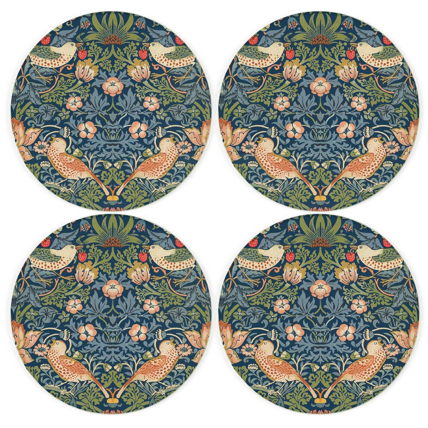Purely Home Blue Strawberry Thief Round Glass Coasters - William Morris Inspired Artwork Set Of 4 - Blue - Image 3