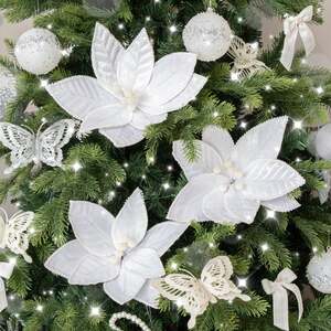 Set Of 3 White Velvet & Pearl Poinsettia Pick Christmas Decorations