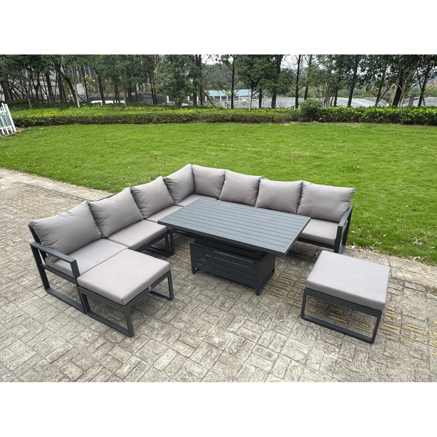 Rackhams Dark/Grey 9 Seater Aluminium Outdoor Garden Furniture Set With Sofa, Rising Dining Table - Image 3