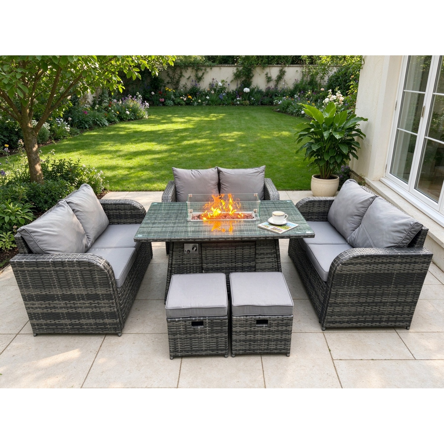 Fimous 8 Seater Outdoor Rattan Furniture Garden Dining Set Gas Fire Pit Table With 2 Small Footstools Love Sofa - Image 3