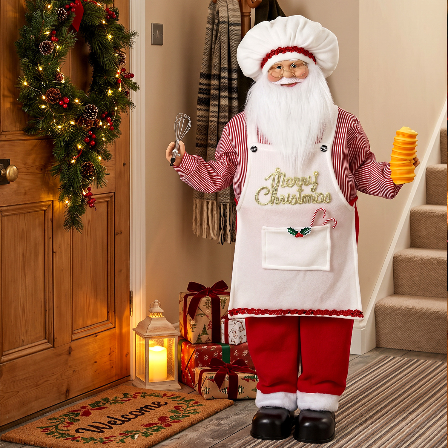 Homcom Red/White 4Ft Christmas Singing Cooking Santa Claus With Head Moving - Image 4
