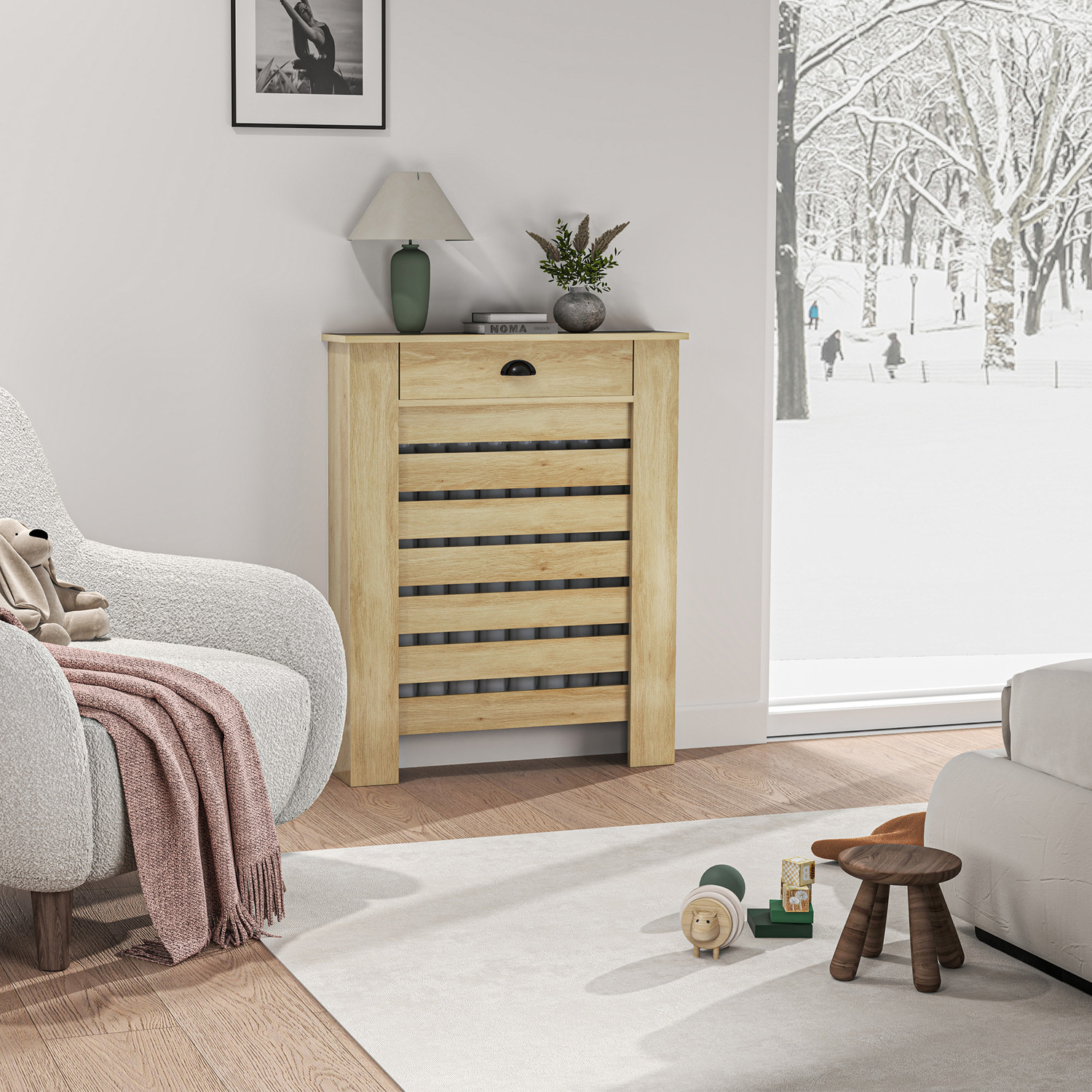 Homcom Radiator Cover With Drawer, Horizontal Slat Grill, 78Cm, Oak Effect, Yellow - Image 4