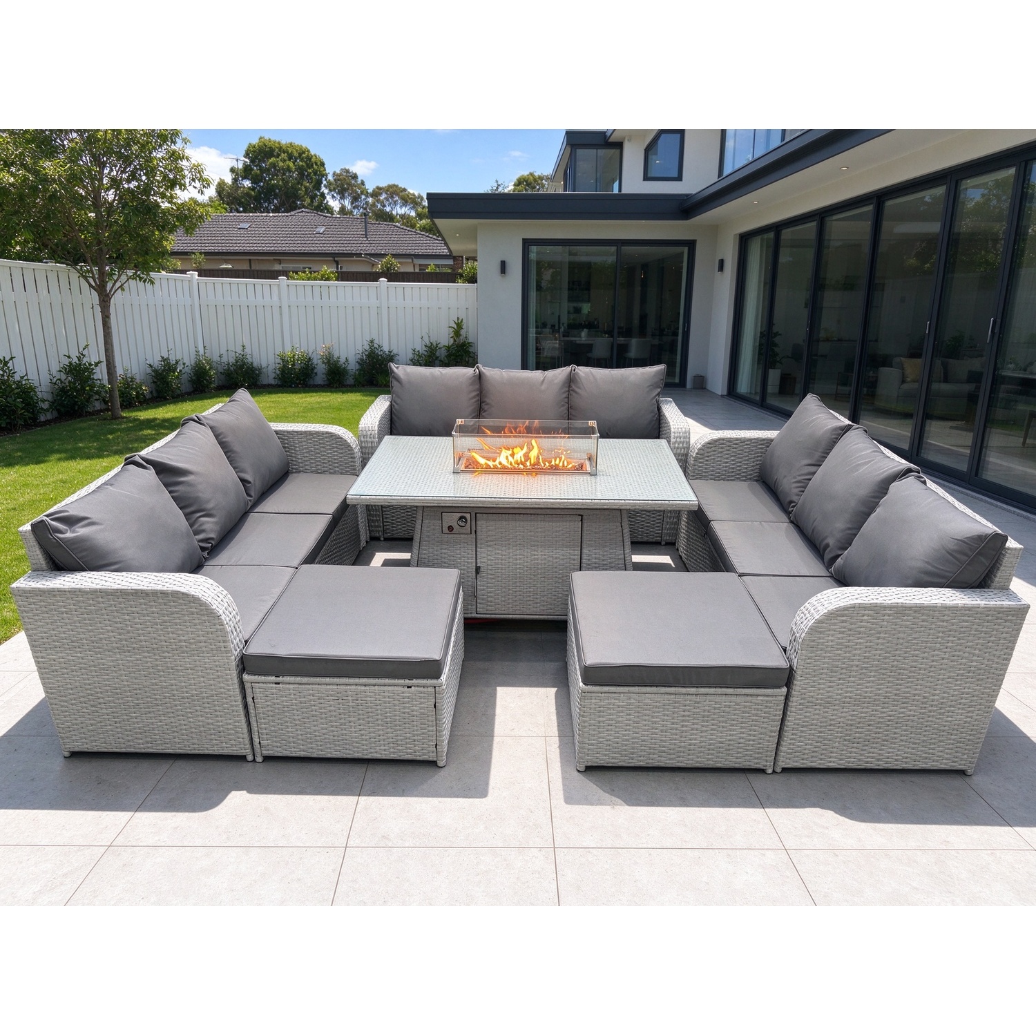 Fimous Light/Grey Pe Rattan Lounge Sofa Set 11 Seater Outdoor Garden Furniture Set With Fire Pit Dining Table 3 Seater Sofa 2 Big Footstools - Image 2