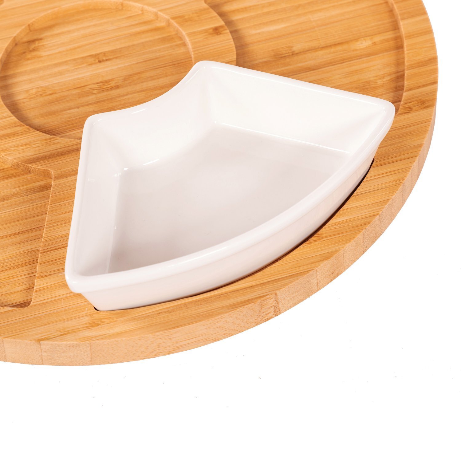 Rotating Bamboo Lazy Susan Serving Platter with Ceramic Dishes - White