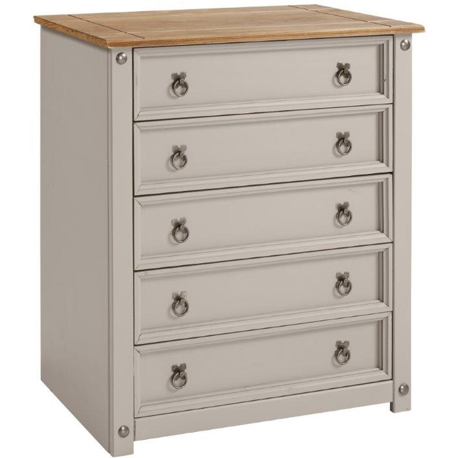 Corona Grey Wax Small 5 Drawer Chest Of Drawers Solid Wood Pine Wooden - Distressed Grey Wax
