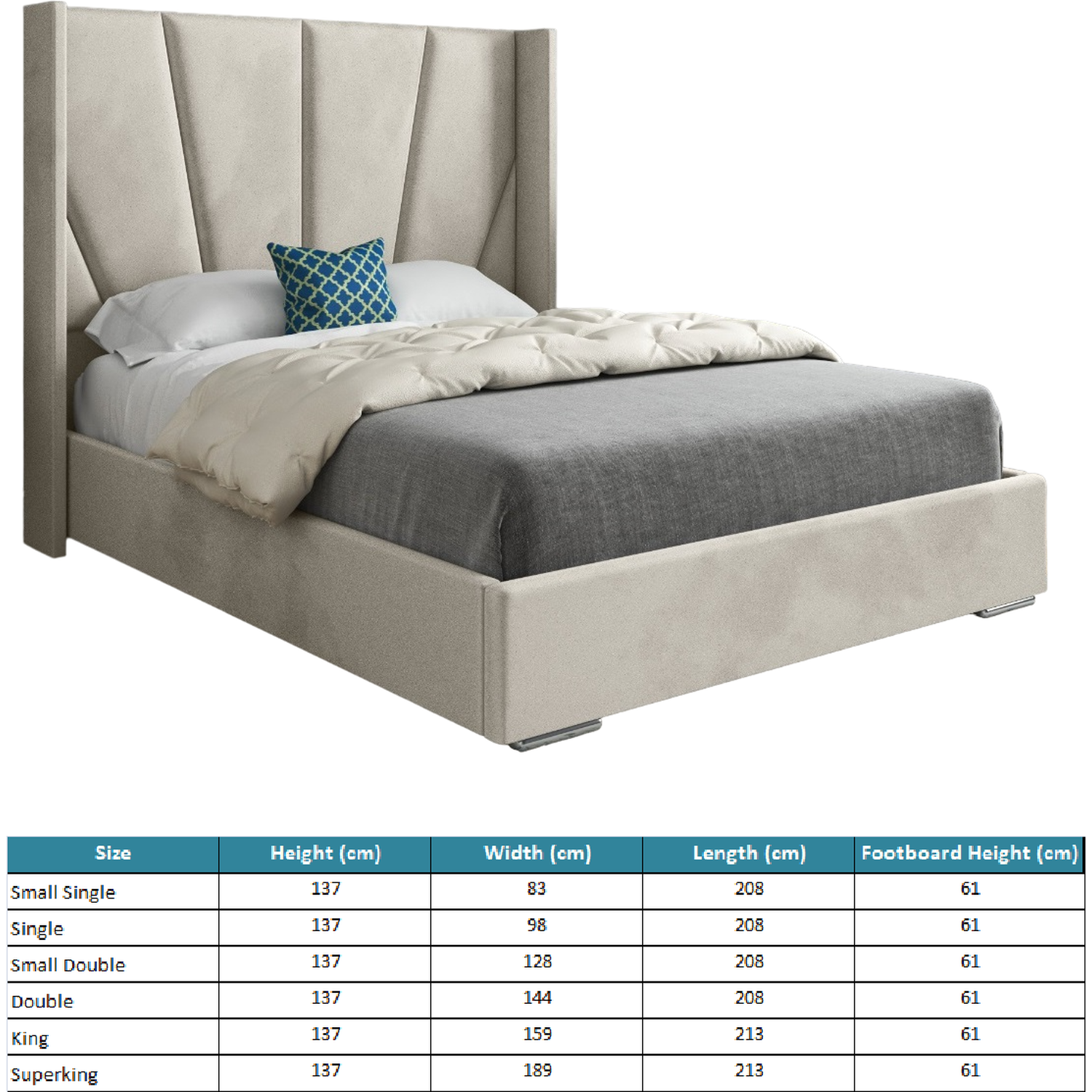 Bellini Wide Curved Winged Upholstered Soft Velvet Bed Frame - Cream King