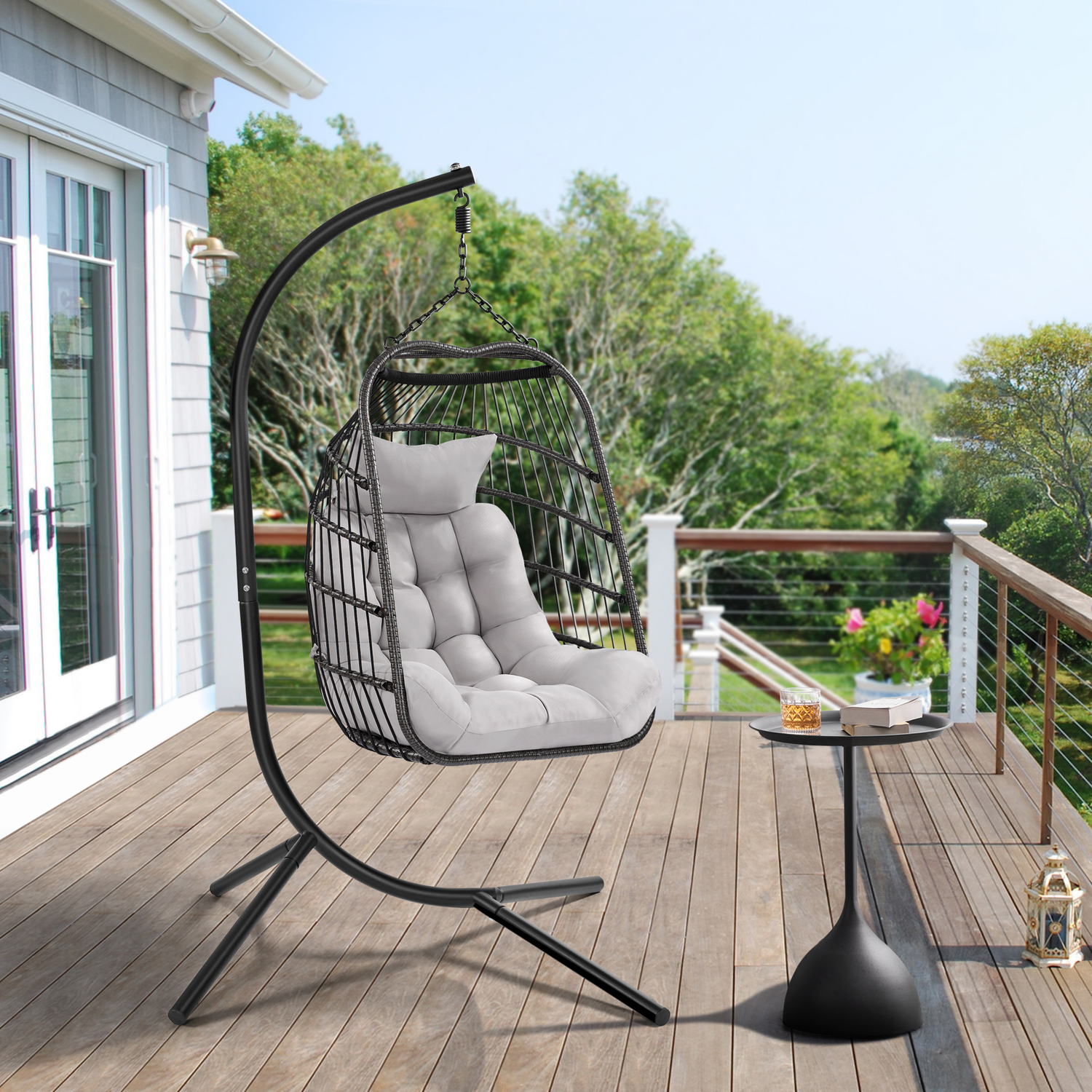 Foldable Rattan Swing Chair For Garden Outdoor Indoor - Black Grey