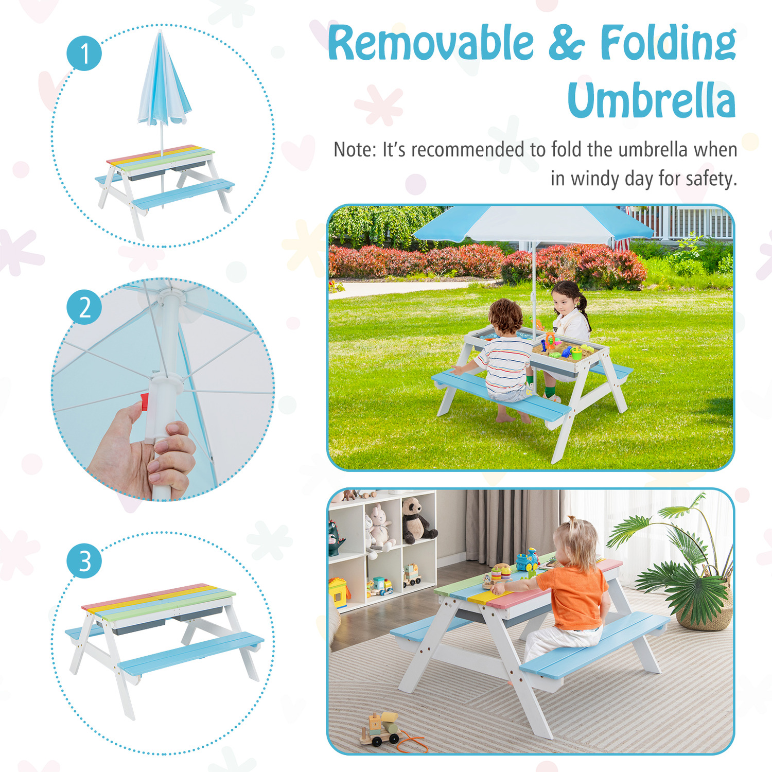 3-in-1 Kids Picnic Table Bench Set - Blue