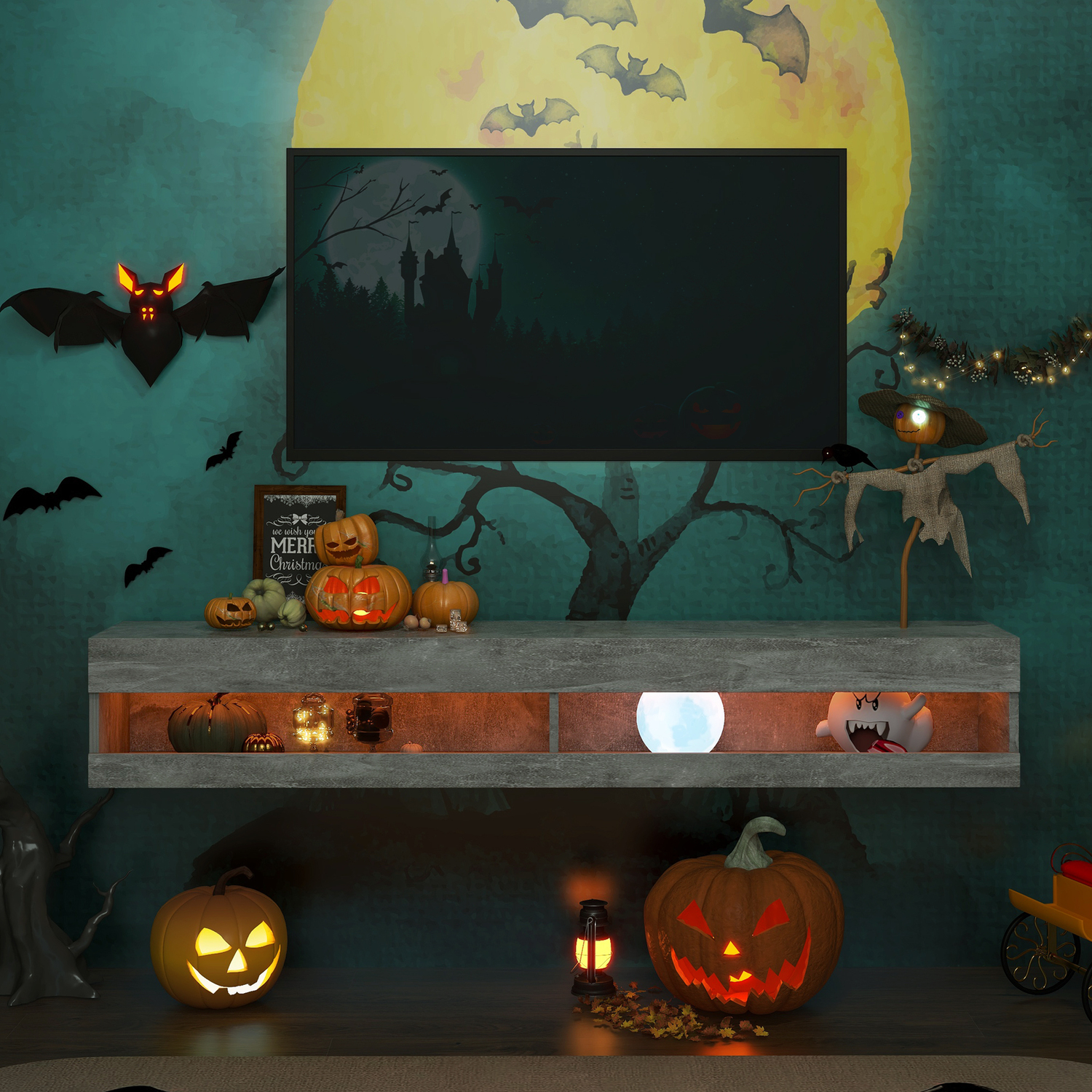 Floating Tv Stand Media Console Storage Shelf With Led Lights - Grey