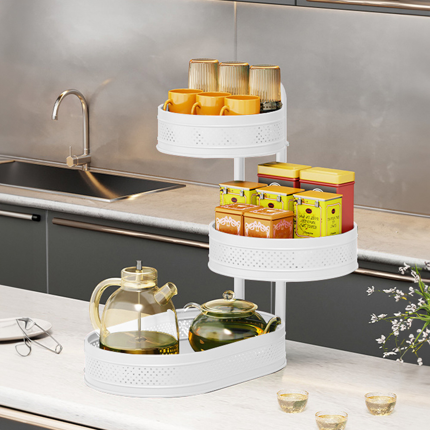 Kitchen Rotating Spice Rack Desktop Storage Shelf - White