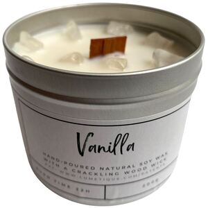 White / Vanilla with Clear Quartz Crystals Aluminium Tin Candle shot 6398950