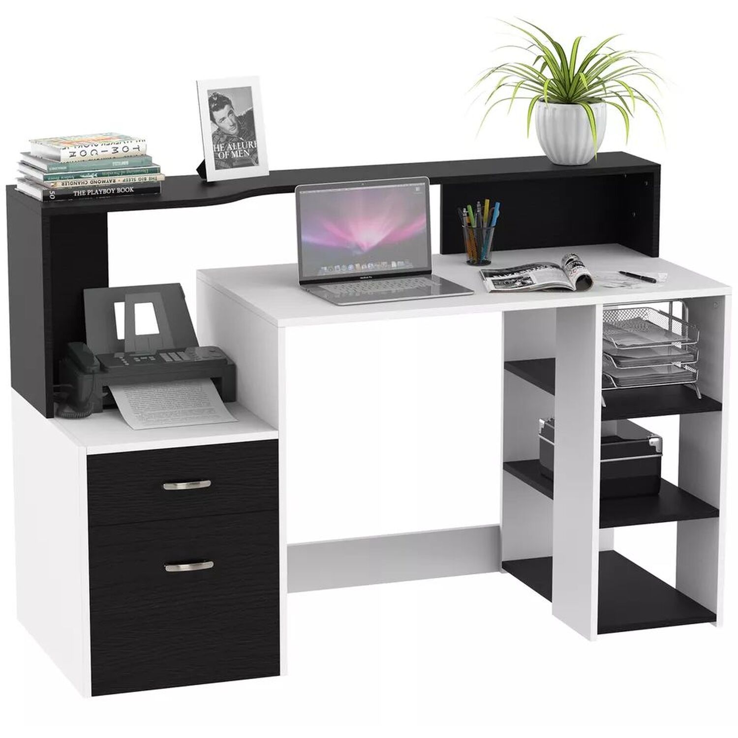 Modern Computer Desk With Drawers And Tray - Black And White