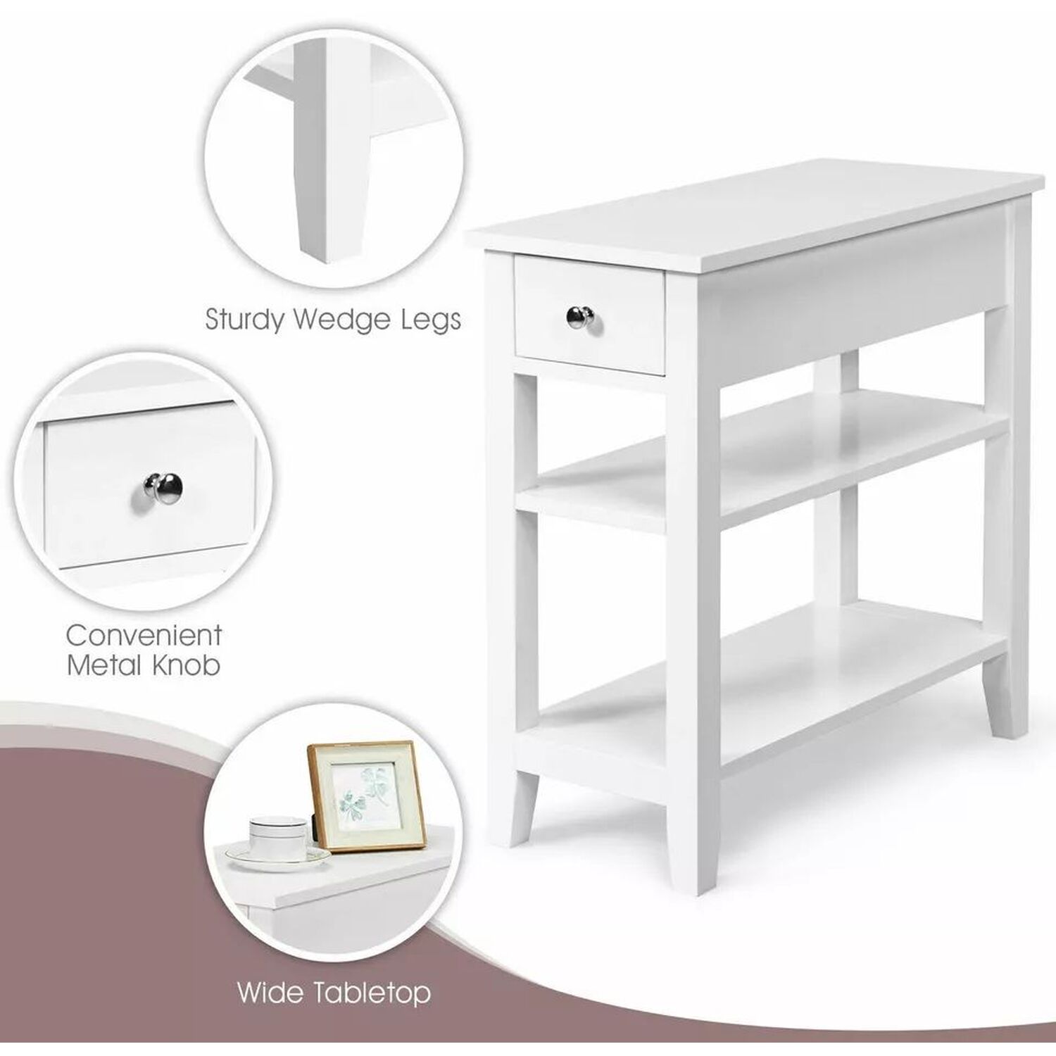 Narrow White Bedside Table With Drawer And 2 Shelves - White