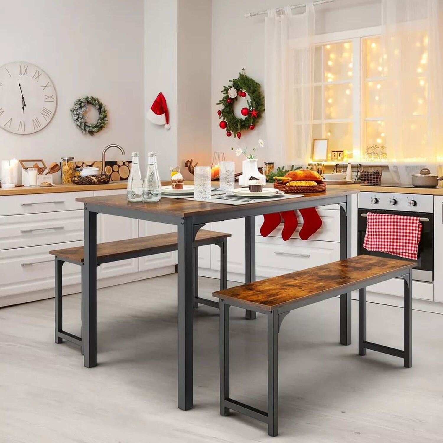 3 Piece Dining Table And Benches - Brown And Black