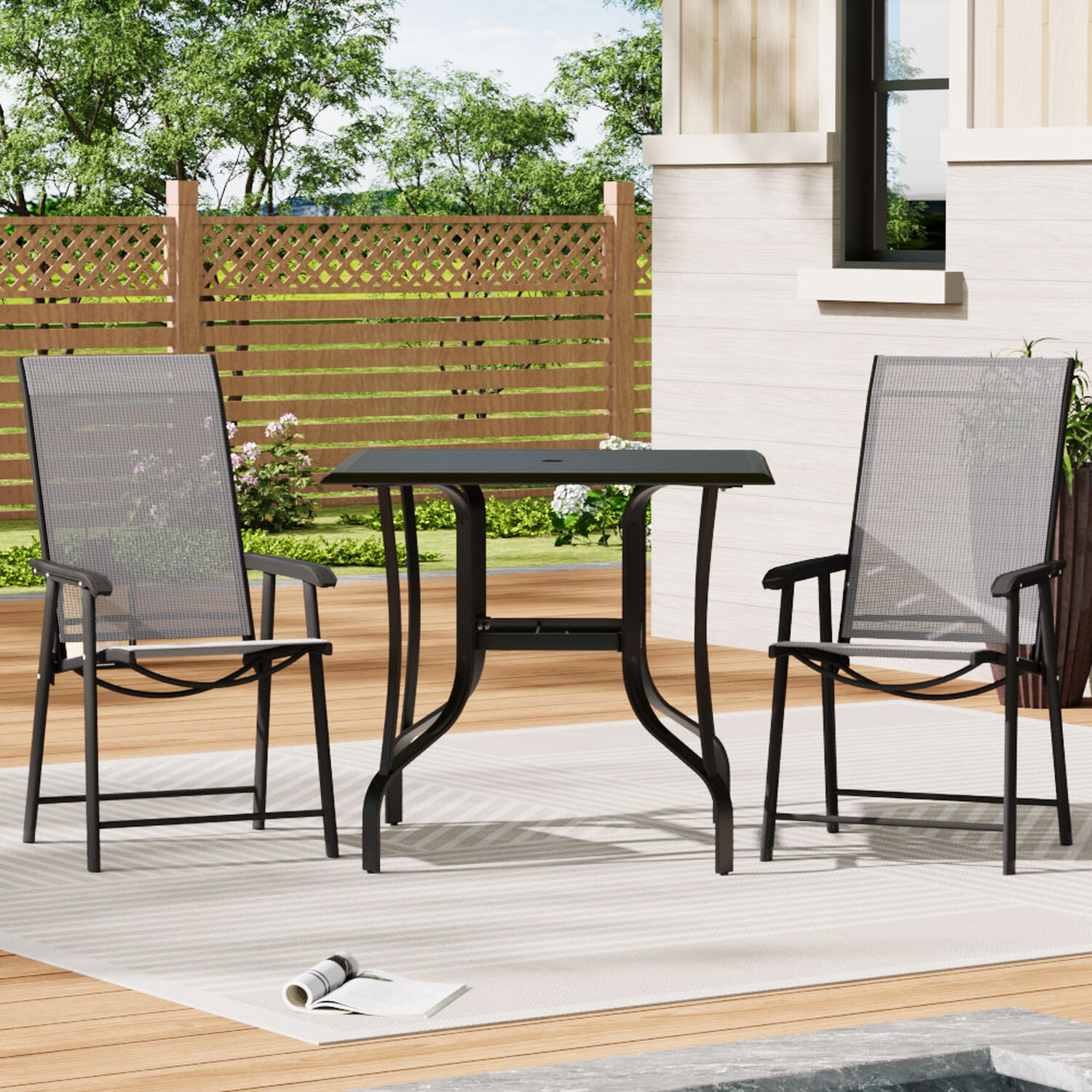 Metal Bistro Set Slatted Garden Table With 2 Foldable Chairs - Dark Grey 1 Square Table And 2 Chairs