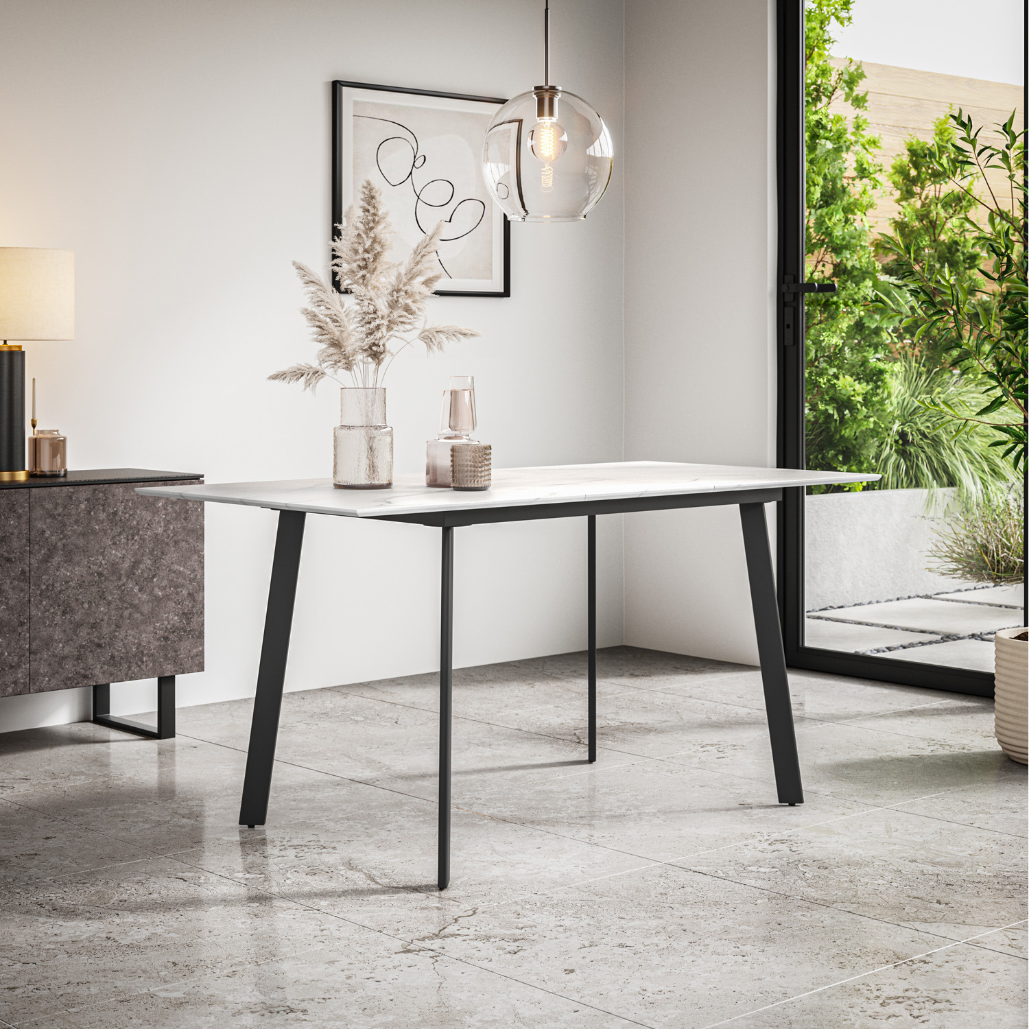 Haydon Extending Marble Effect Dining Table Set W 4-6 Nova Velvet Chairs - Blue 4