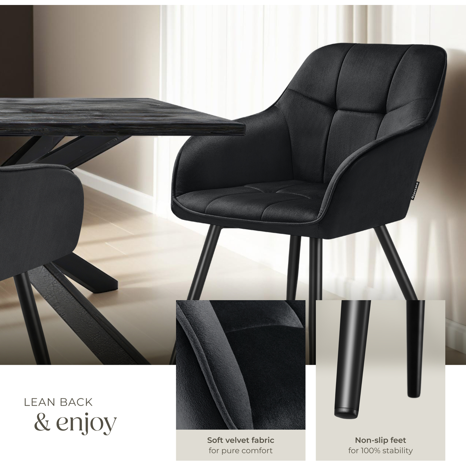 Dining Chair Marilyn - Velvet Look Quilted Pattern - Black Black 2