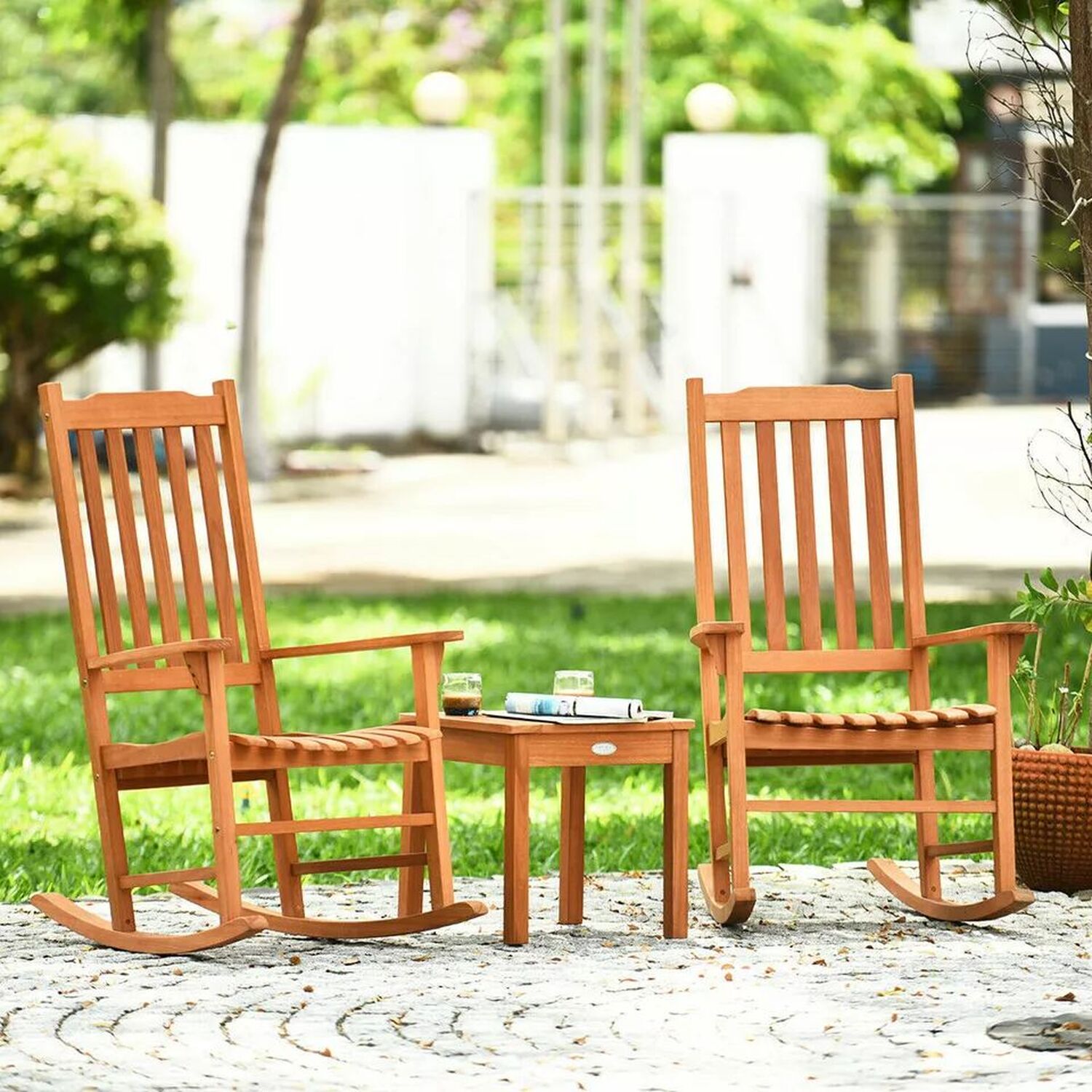 Wooden Rocking Chair Bistro Set With Table - Natural