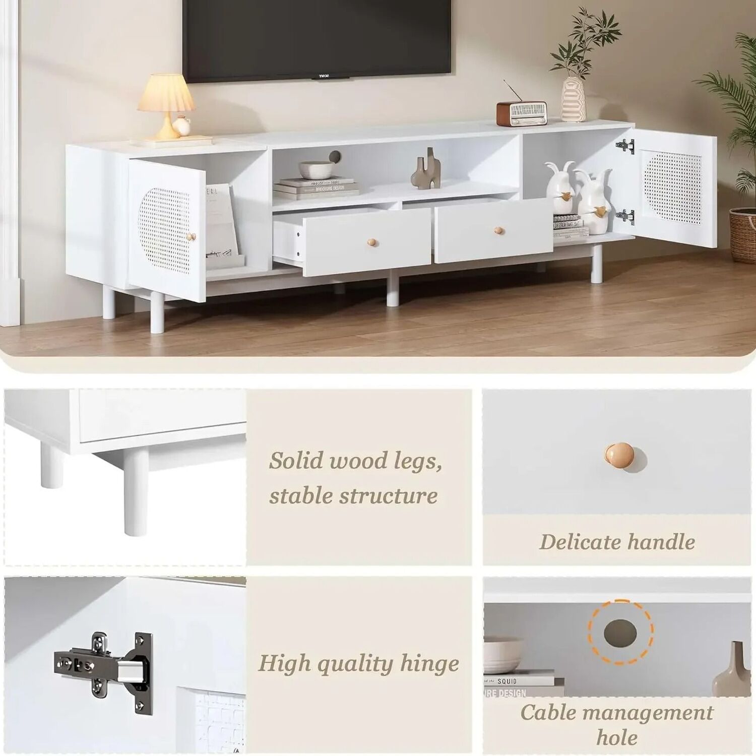 Elegant 180 Cm Long Tv Cabinet With Doors For 80 Inch Tv - White