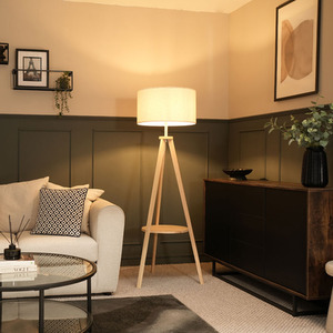 Morrigan Wood Tripod Floor Lamp with Boucle Shade and Bulb