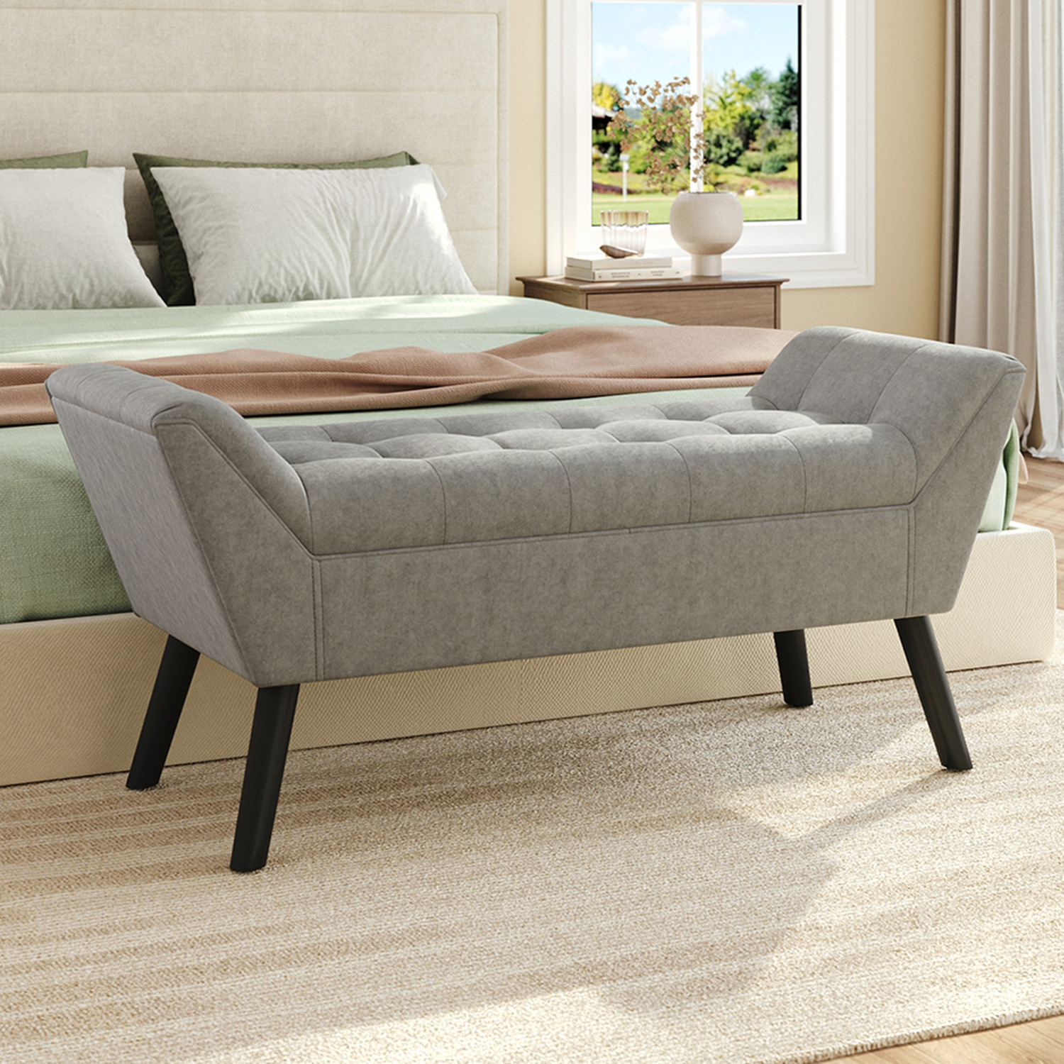 Tufted Velvet Upholstered Bench Footstool - Grey