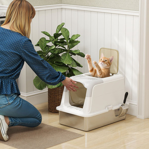 PawHut Stainless Steel Litter Box with Lid, Scoop, Deodorizer Bag
