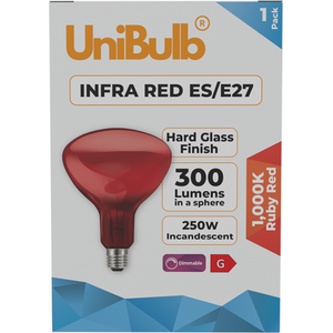 UniBulb 250W Finish Hard Glass Edison Screw E27 Infra Red Lamp Ruby Red