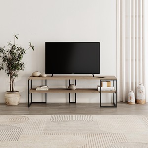 Natural Oak Modern TV Unit Open Shelf Metal Frame Black Wood, Plywood shot 10977105