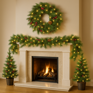 Christmas Artificial Garland Wreath and 2x Tree Set