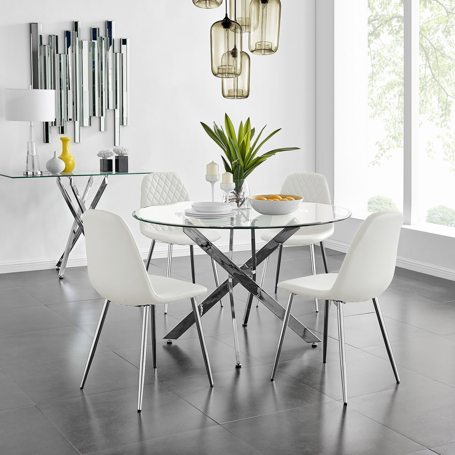 Novara Chrome Metal And Glass Round Dining Table And 4 Corona Silver Chairs Set - White