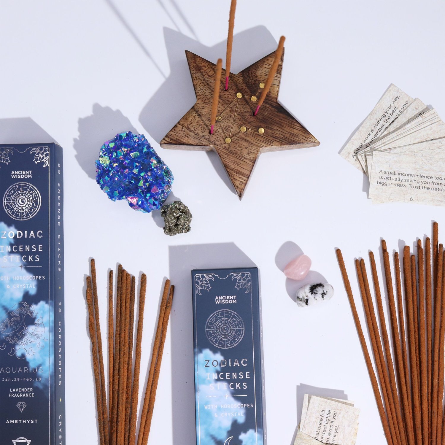 Pisces Zodiac Incense Set with Aquamarine Horoscopes, Spiritual Calm - Brown