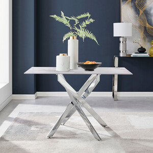 Leonardo Dining Table 4 Seat White Glass Marble Top Silver Legs