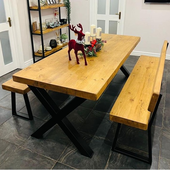 Chunky Handmade Dining Table plus 1 Bench - Mid Oak